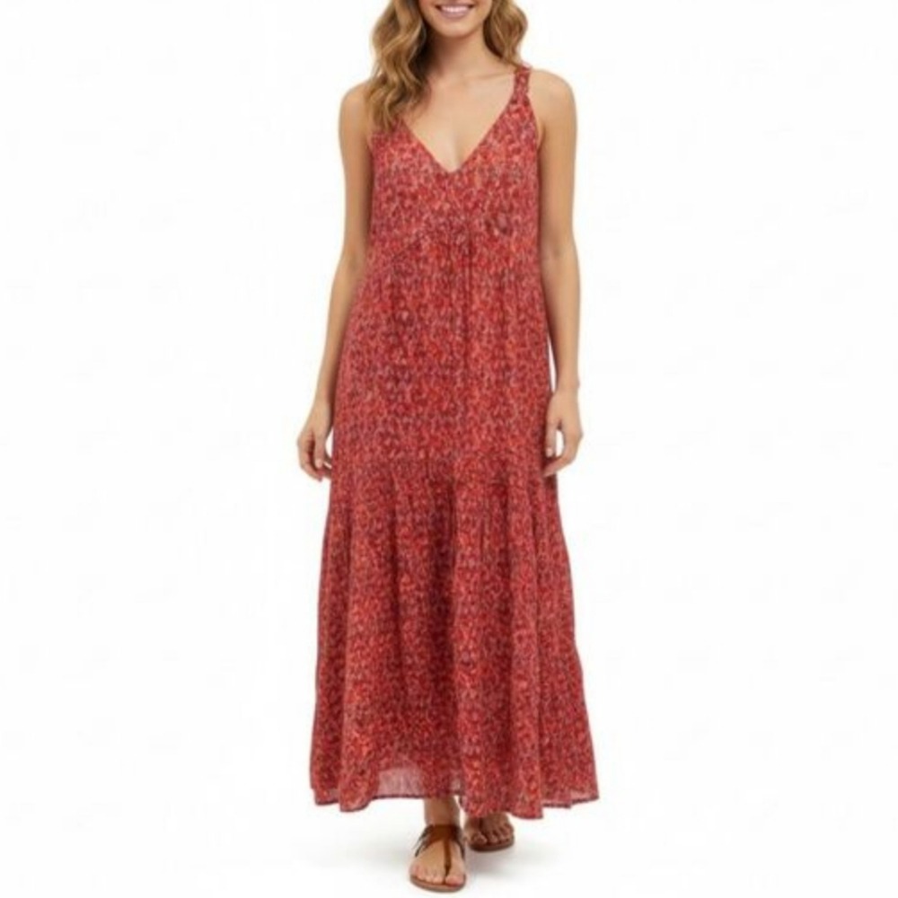 Joie Tea Rose Cotton Sundress Pink & Red Maxi Dress Size Medium Relaxed Fit